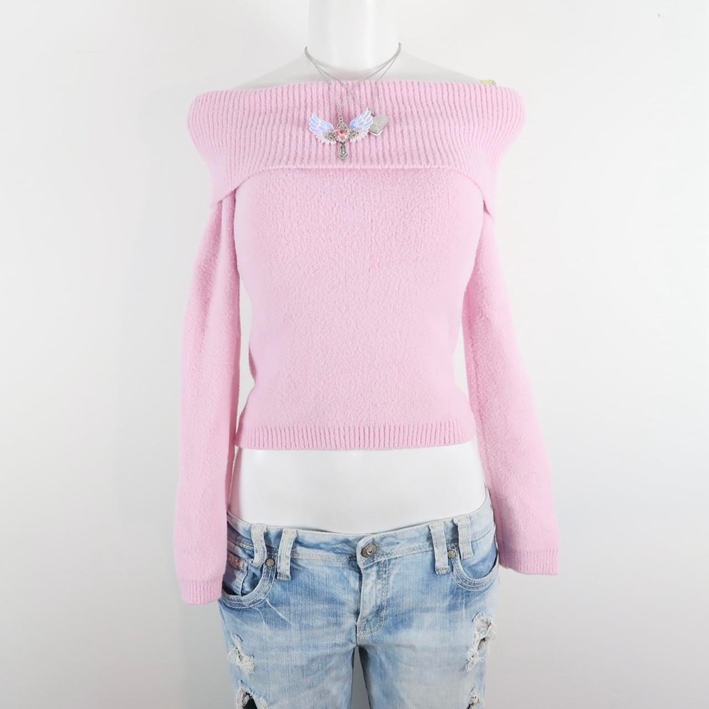 y2k pink off shoulder knit sweater